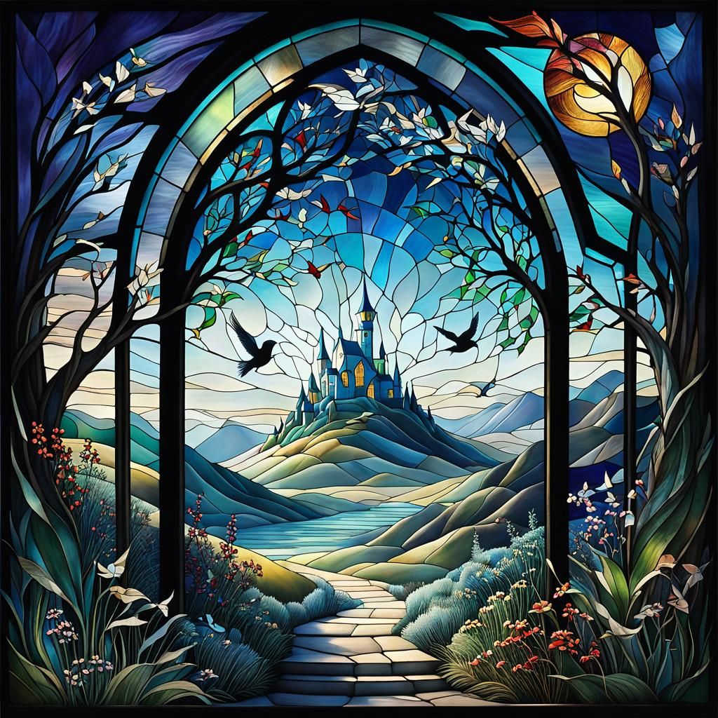Stained Glass Fantasy Landscape with Birds