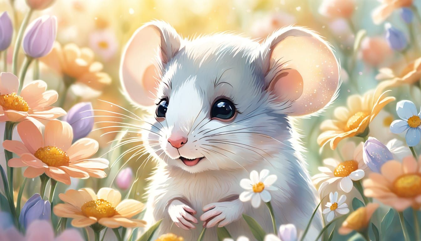 Endearing Mouse Hiding in Flowers: Digital Painting