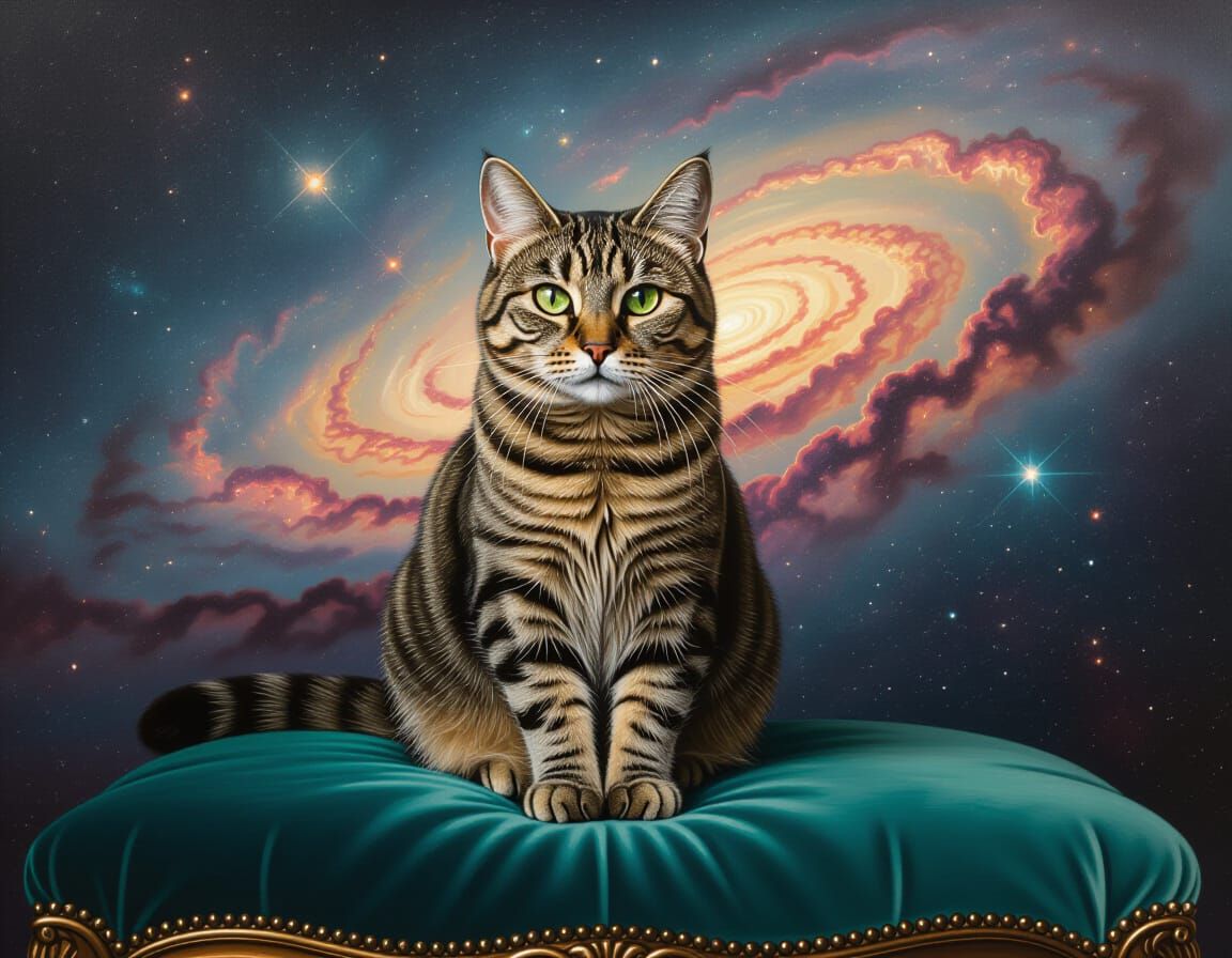 Victorian Cat Portrait with Cosmic Dreamscape