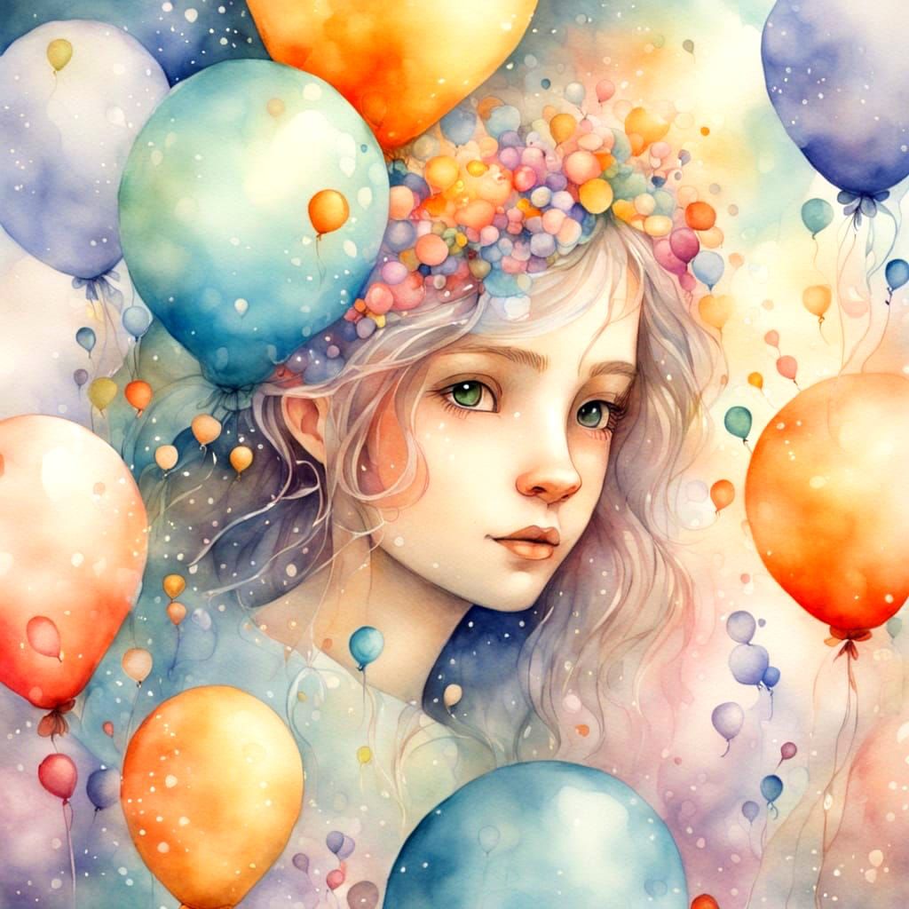 Whimsical Balloons Fairy in Watercolor Style