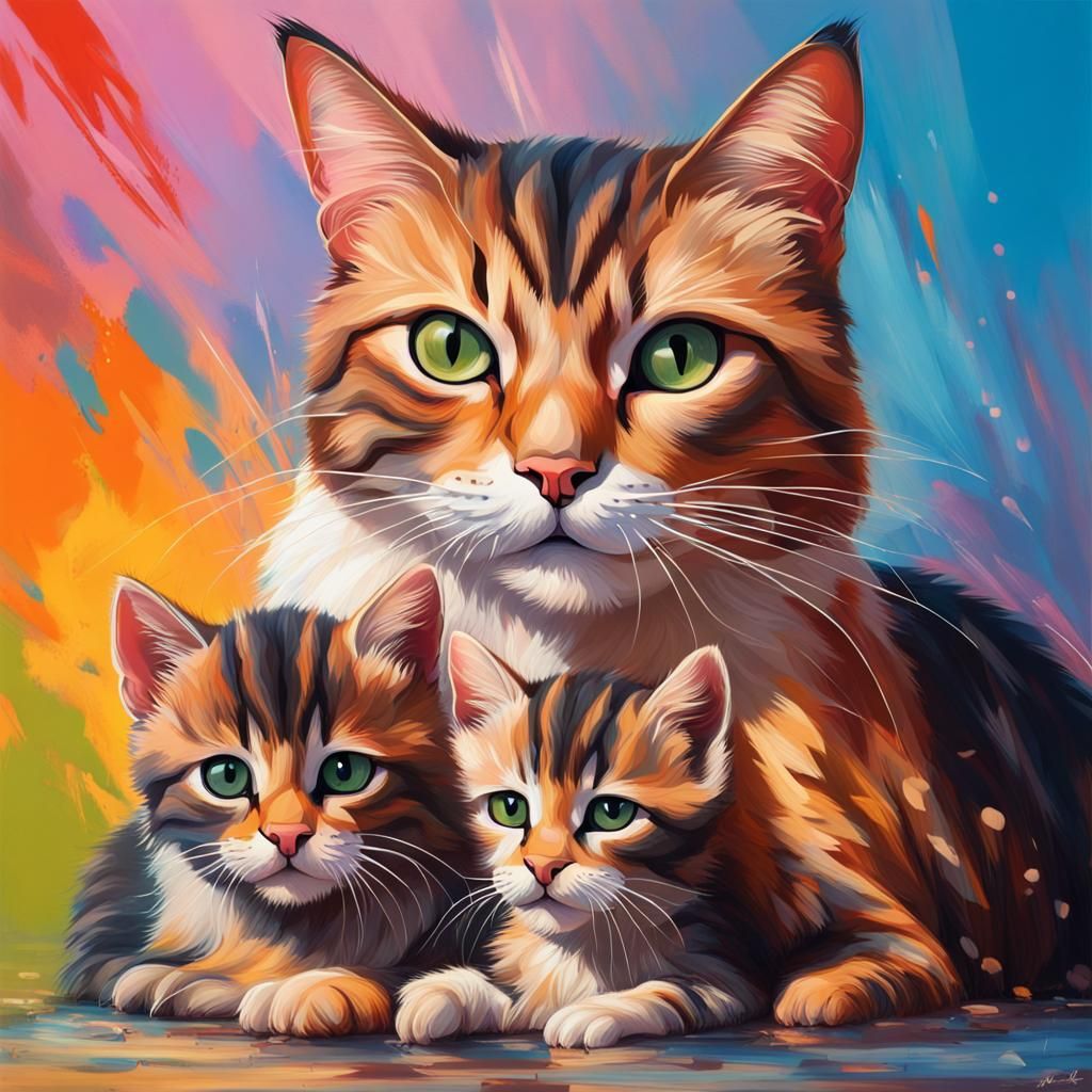 Hyperrealistic Mother Cat and Kittens: Splash Art