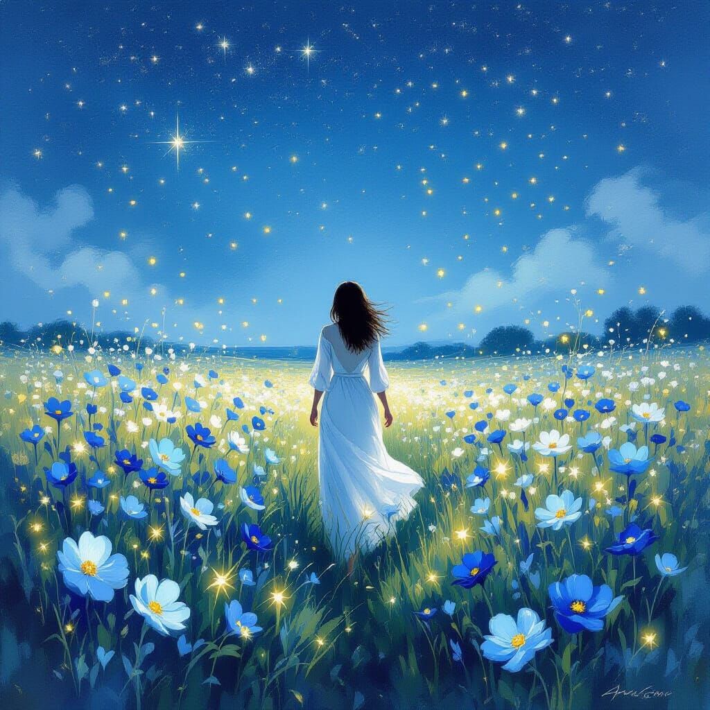 Luminous Blue Flowers Under Starlit Sky in Impressionist Sty...
