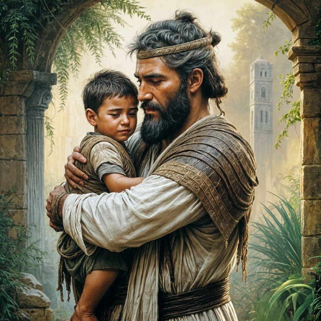 Emotional Embrace Between Farmer and Son: Luminous Painting