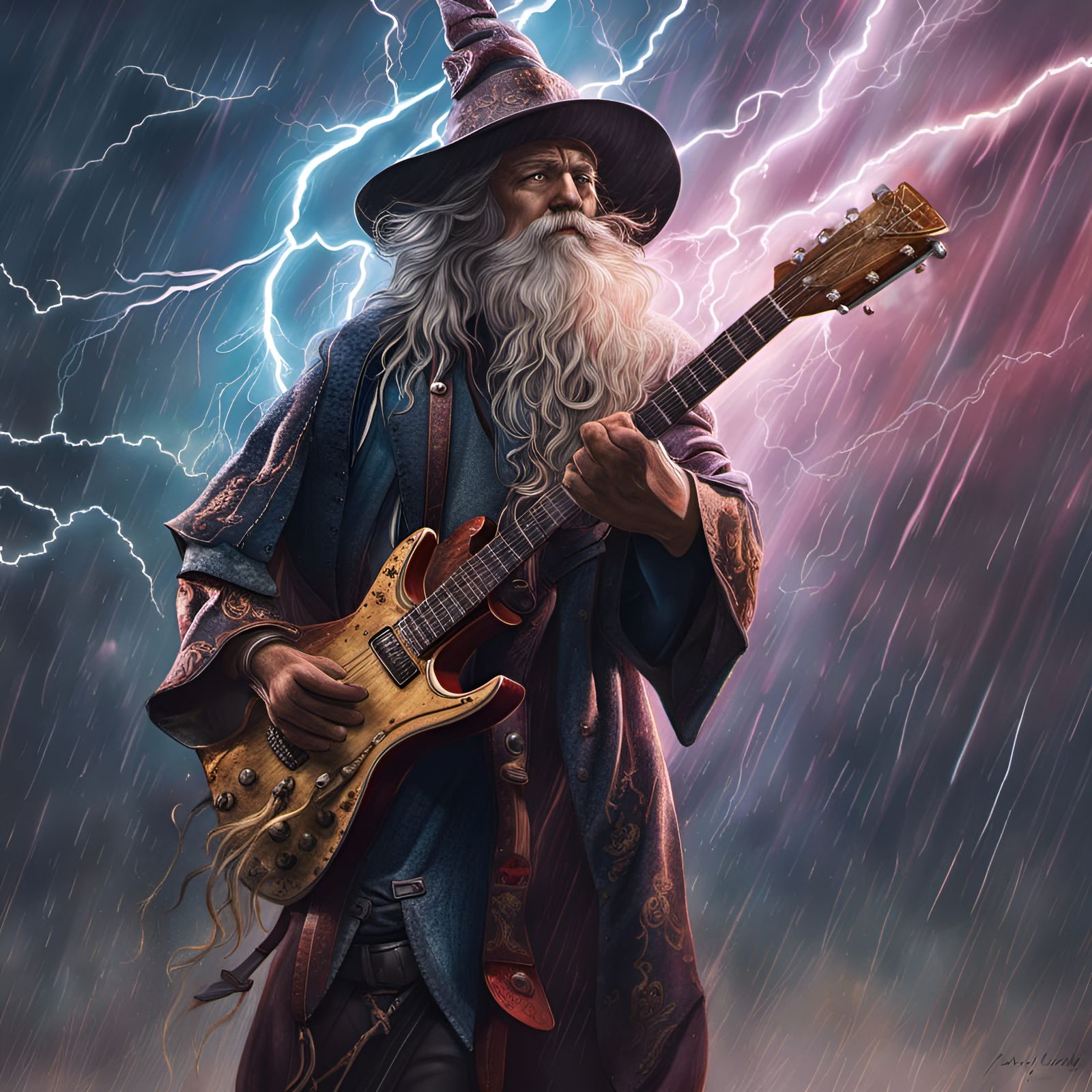 Wizard Rocking Out in a Storm: Hyperrealistic Splash Art