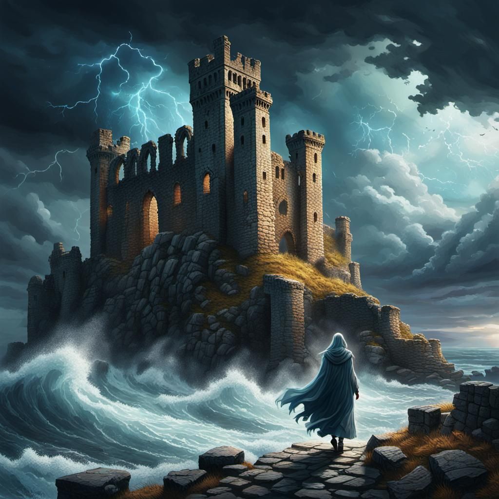 Ghostly Figure at Stormy Castle, Hyperrealistic Art