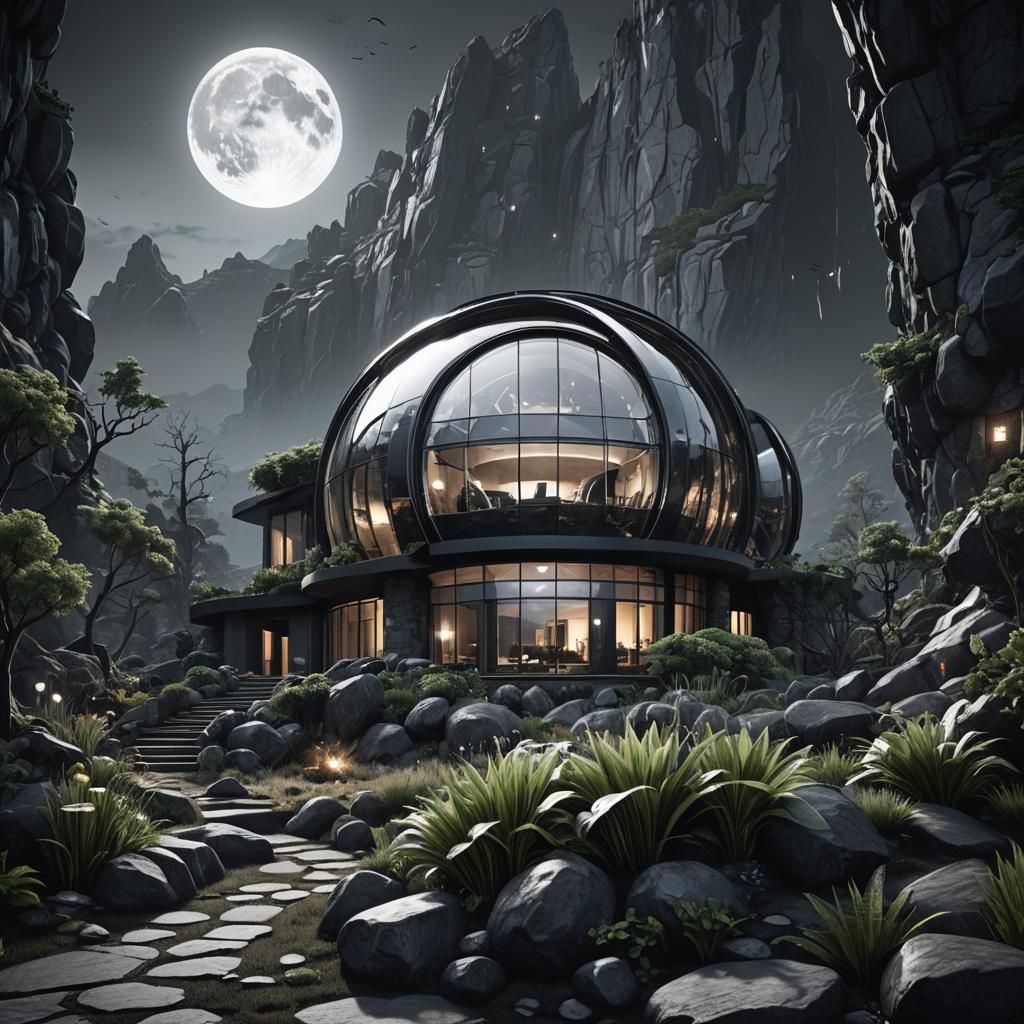 Spooky Modern House Under Full Moon