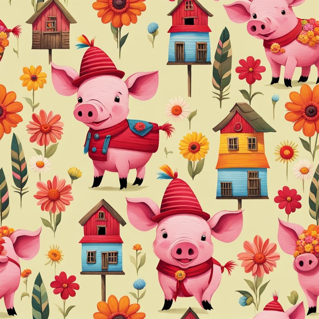 Whimsical Piglet Character on a Farm, Hand-Drawn Style