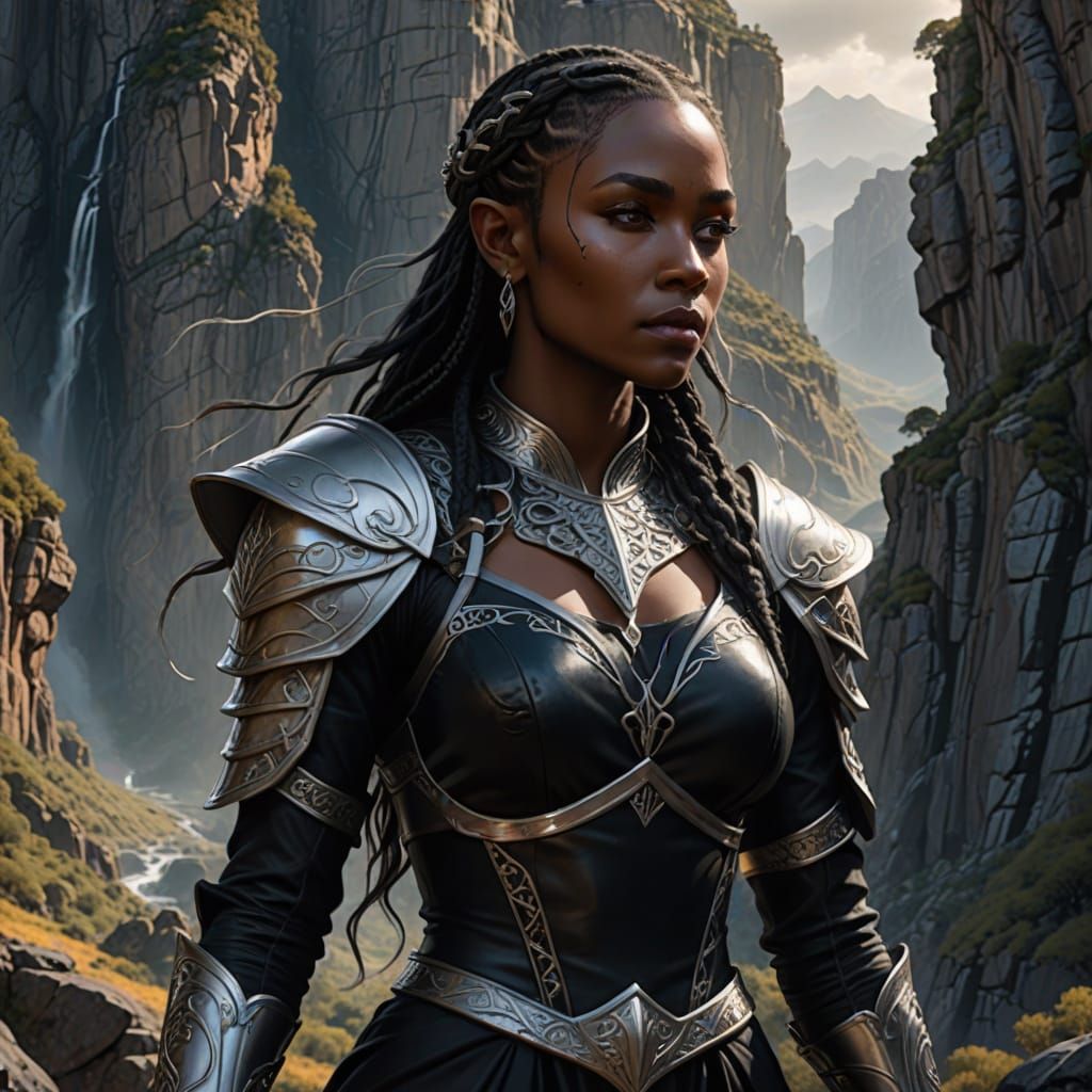 Elven Warrior Woman in Rocky Canyon, Realistic CGI
