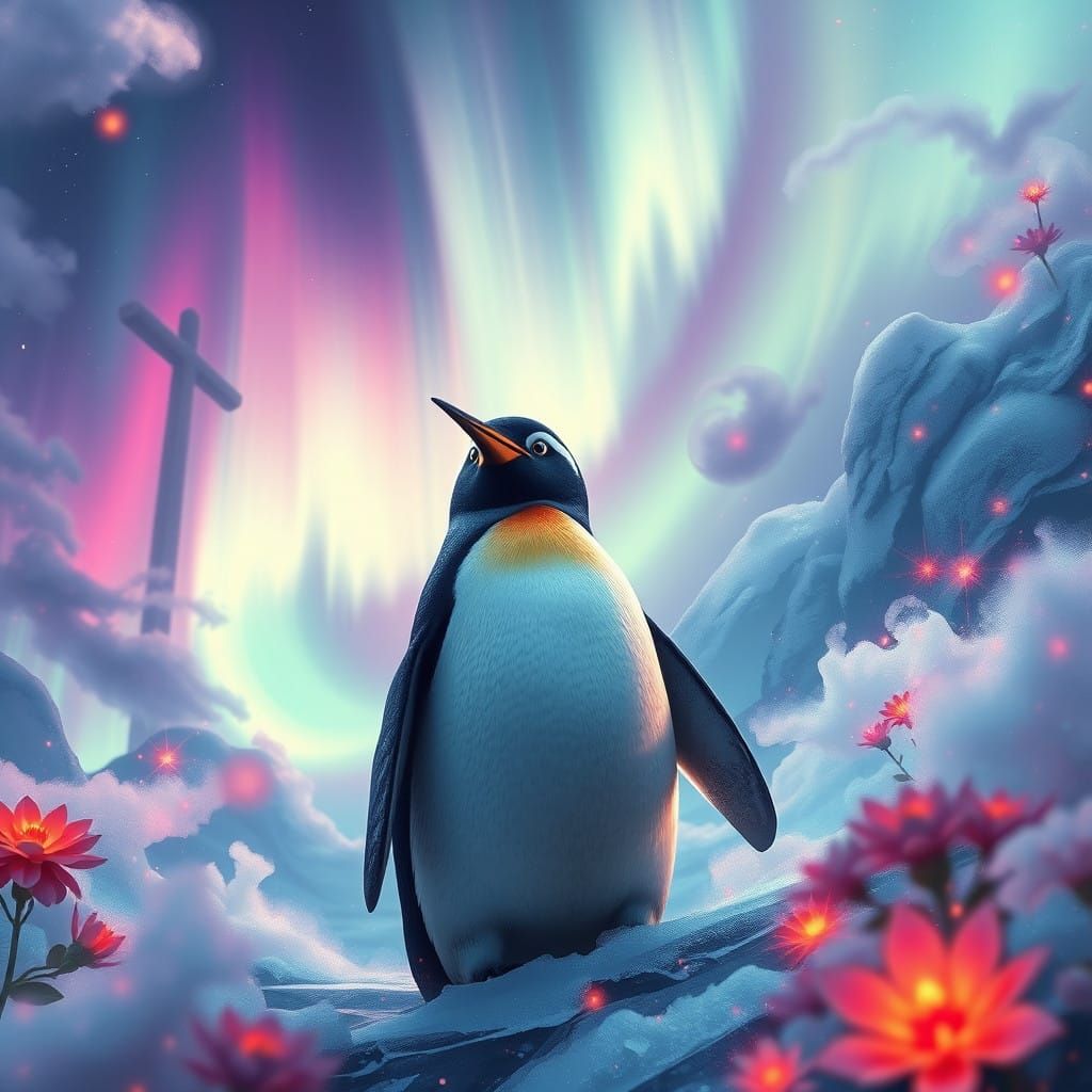 Surreal Penguin Amidst Cosmic Aurora in a Dreamlike, Unreal...