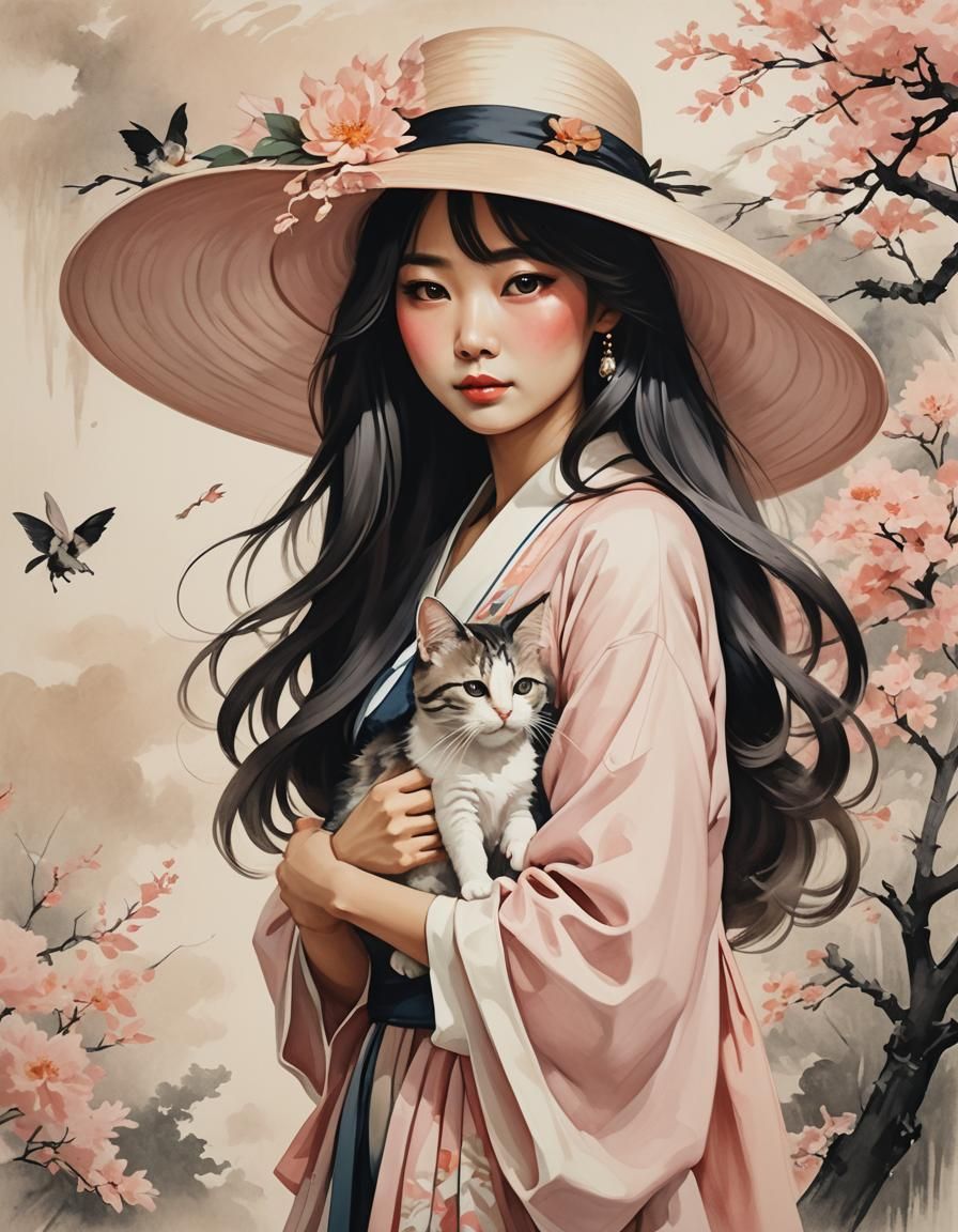 Japanese Woman With Cat in Acrylic-Inspired Style