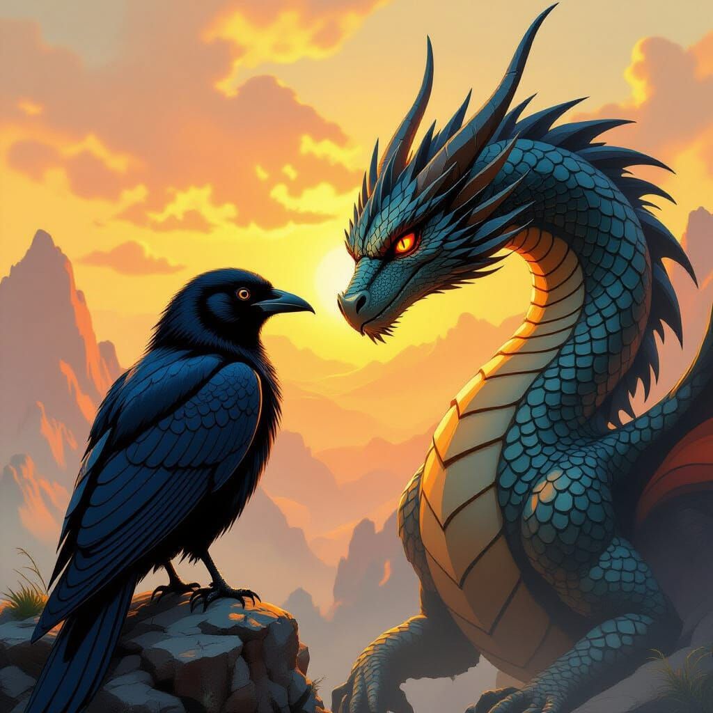 Dragon and Bird with Intricate Feathers