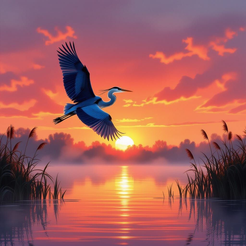 Great Blue Heron Sunset Flight, Ethereal Landscape