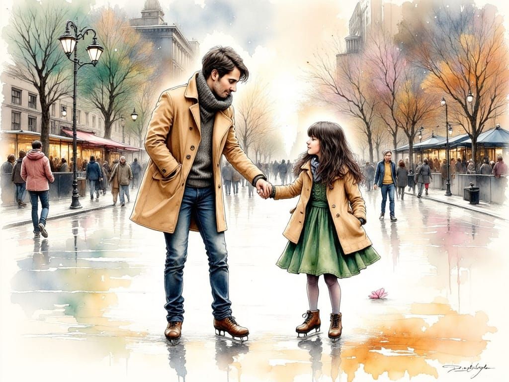 Father and Daughter Skating, Ink and Watercolor Style