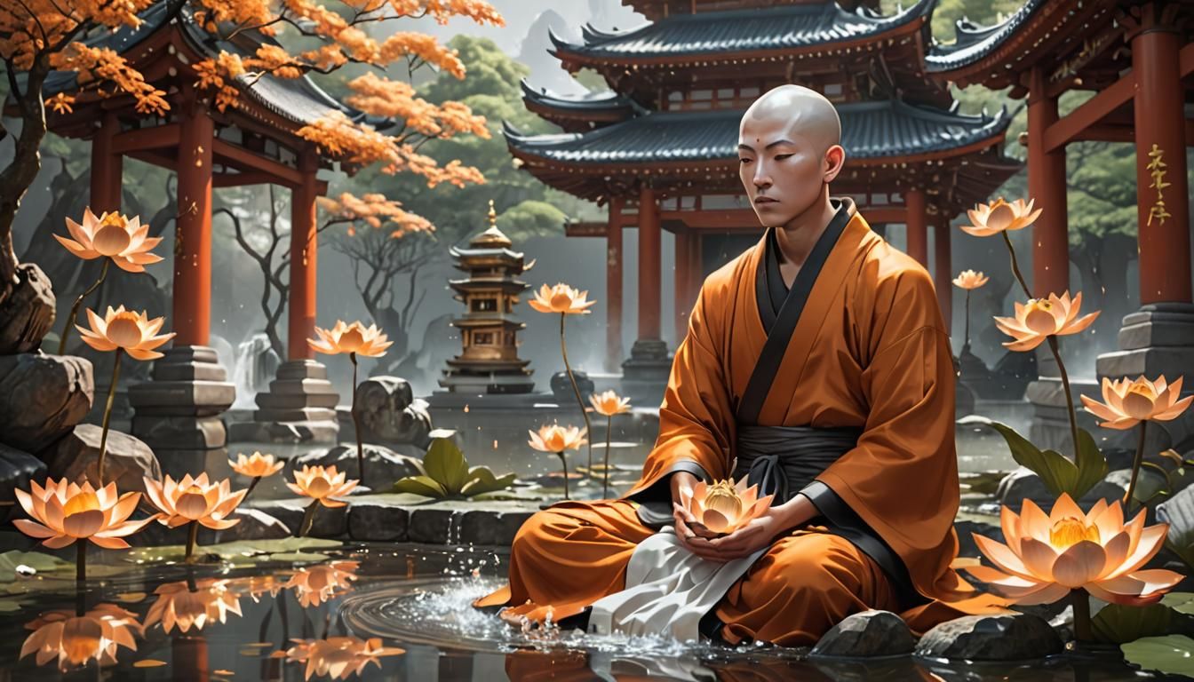 Monk Meditating Among Golden Lotus Flowers as 3D Anime Art