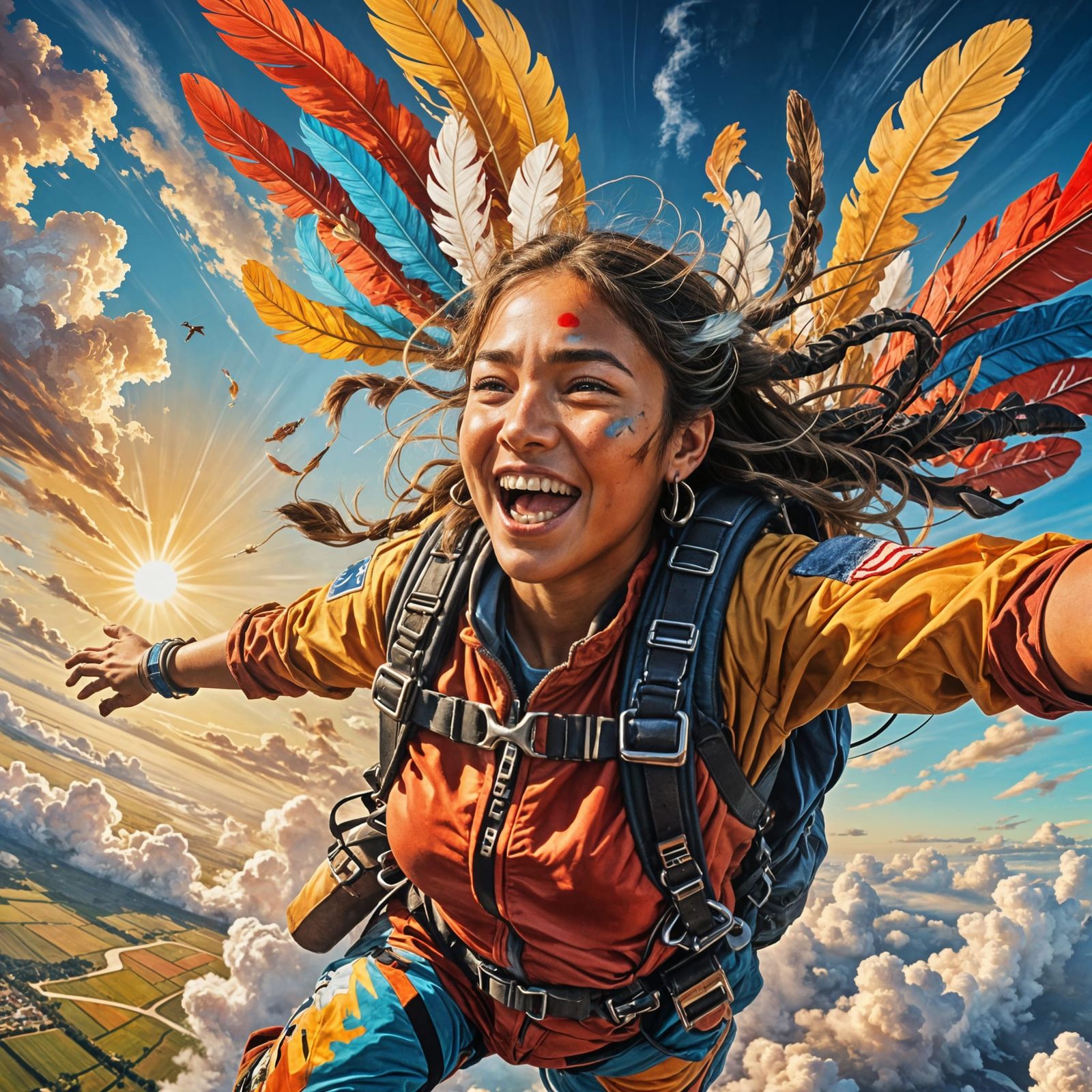 Native American Skydiving: Dynamic Oil Painting