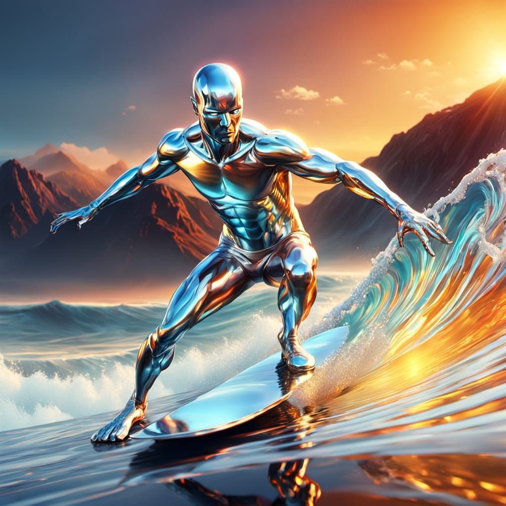 Silver Surfer Rides Crystal Wave in Vibrant Sunset Hues