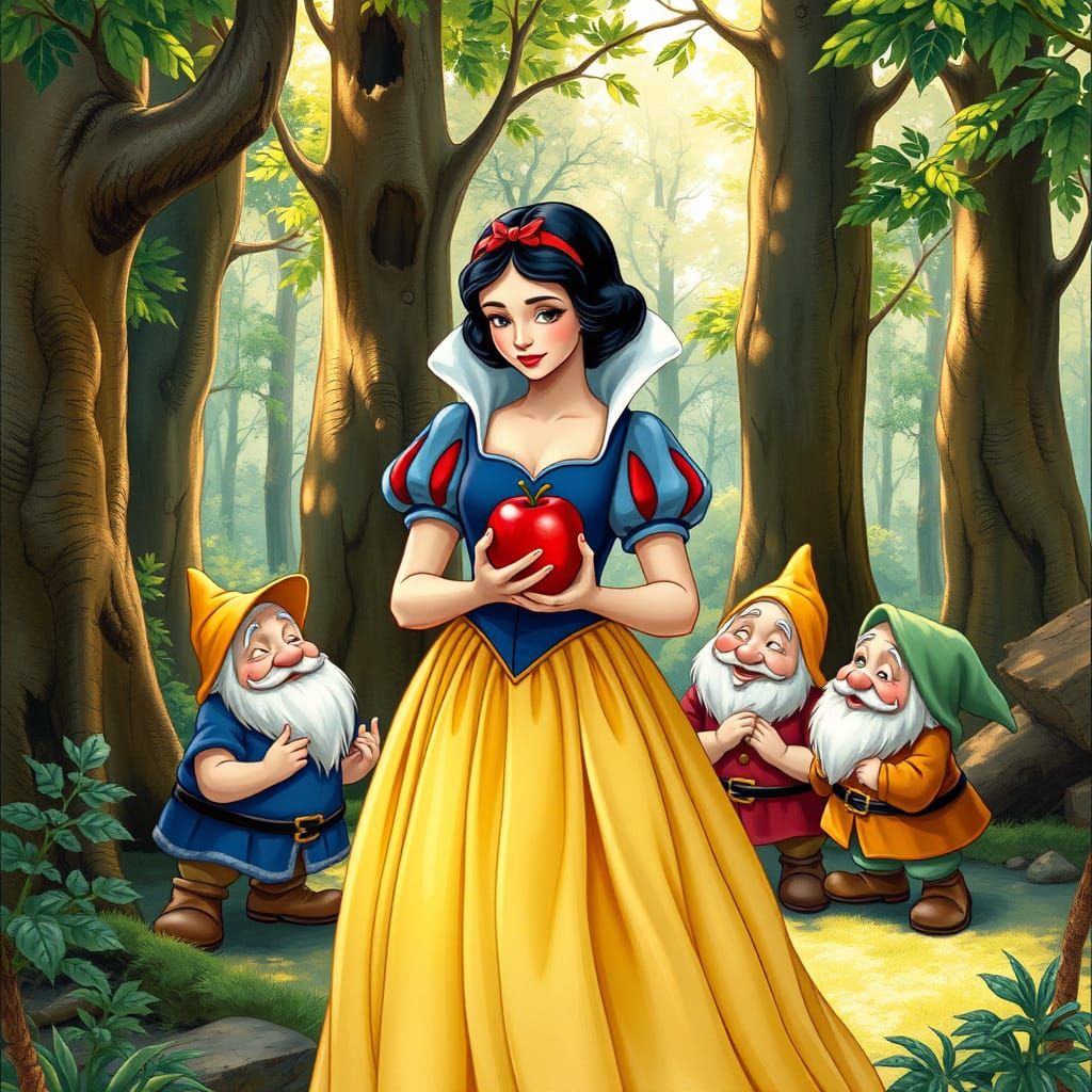 Snow White Enchants the Seven Dwarfs with a Whimsical Red Ap...