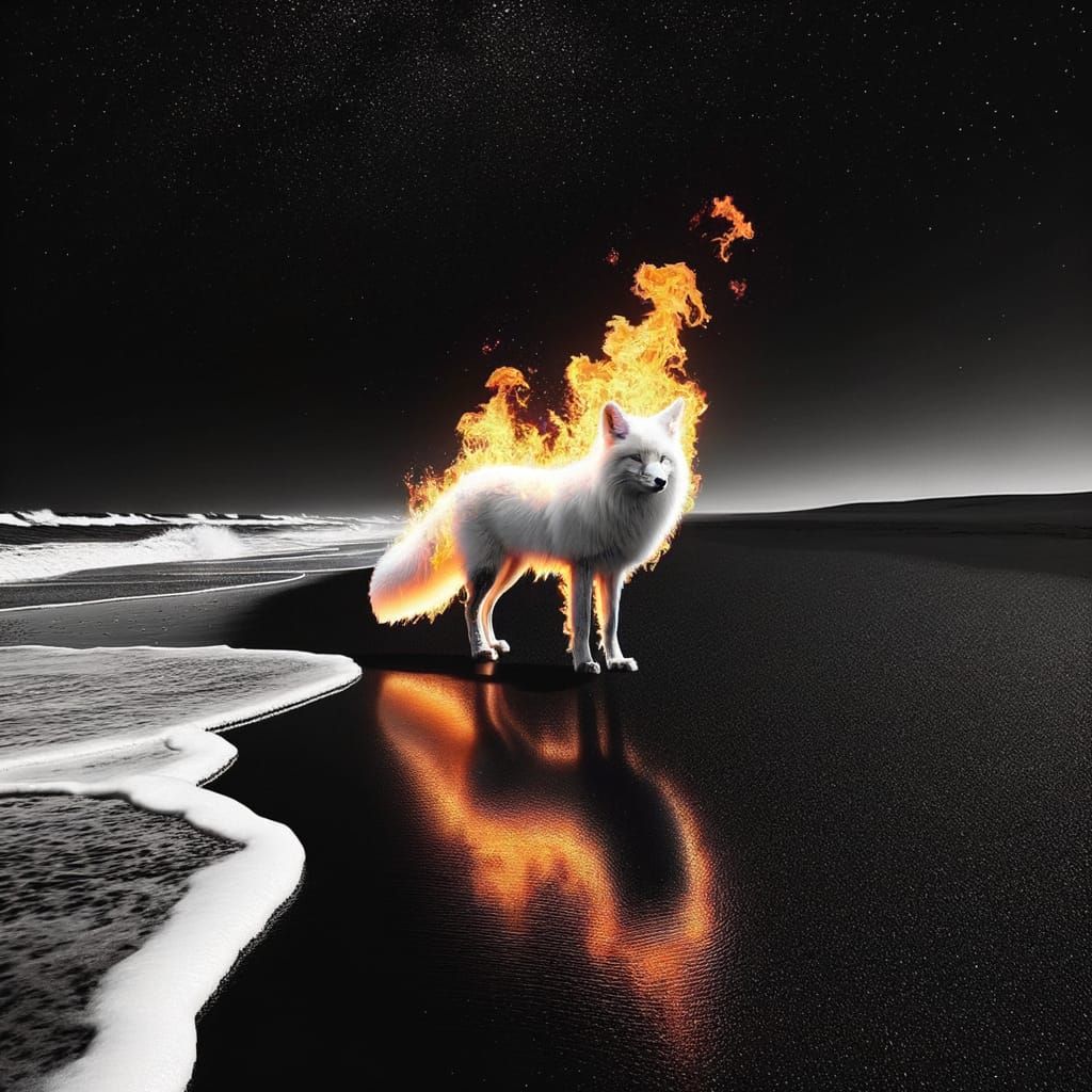 Mystical Flaming Fox on Black Sand Beach