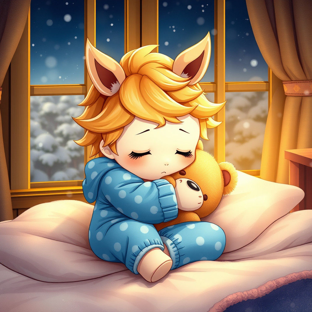 Chibi Horse-Boy Asleep in Cozy Winter Scene