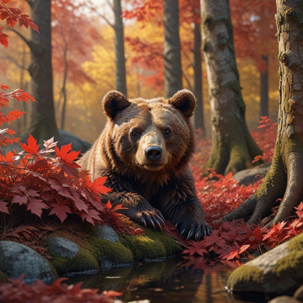 Small Bear Peeking From Autumn Leaves in Enchanted Forest