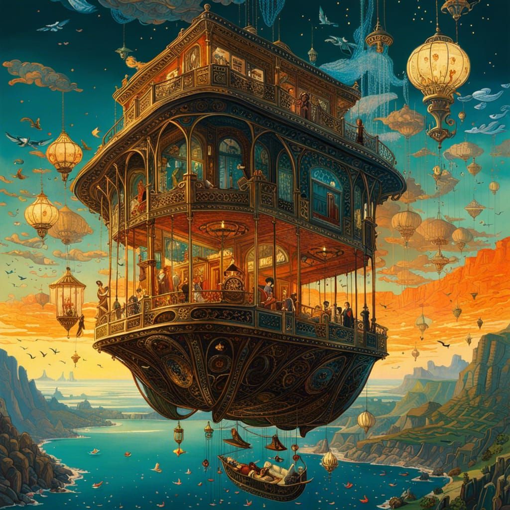 Flying Bed Over Dreamlike Landscape, Surrealist Art