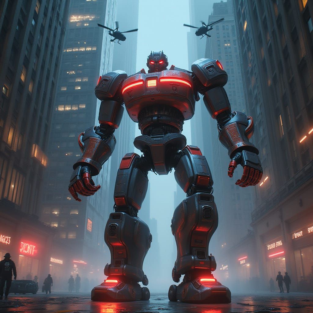 Retro 80s Robot Smashes Skyscraper in Neon-Lit Manhattan