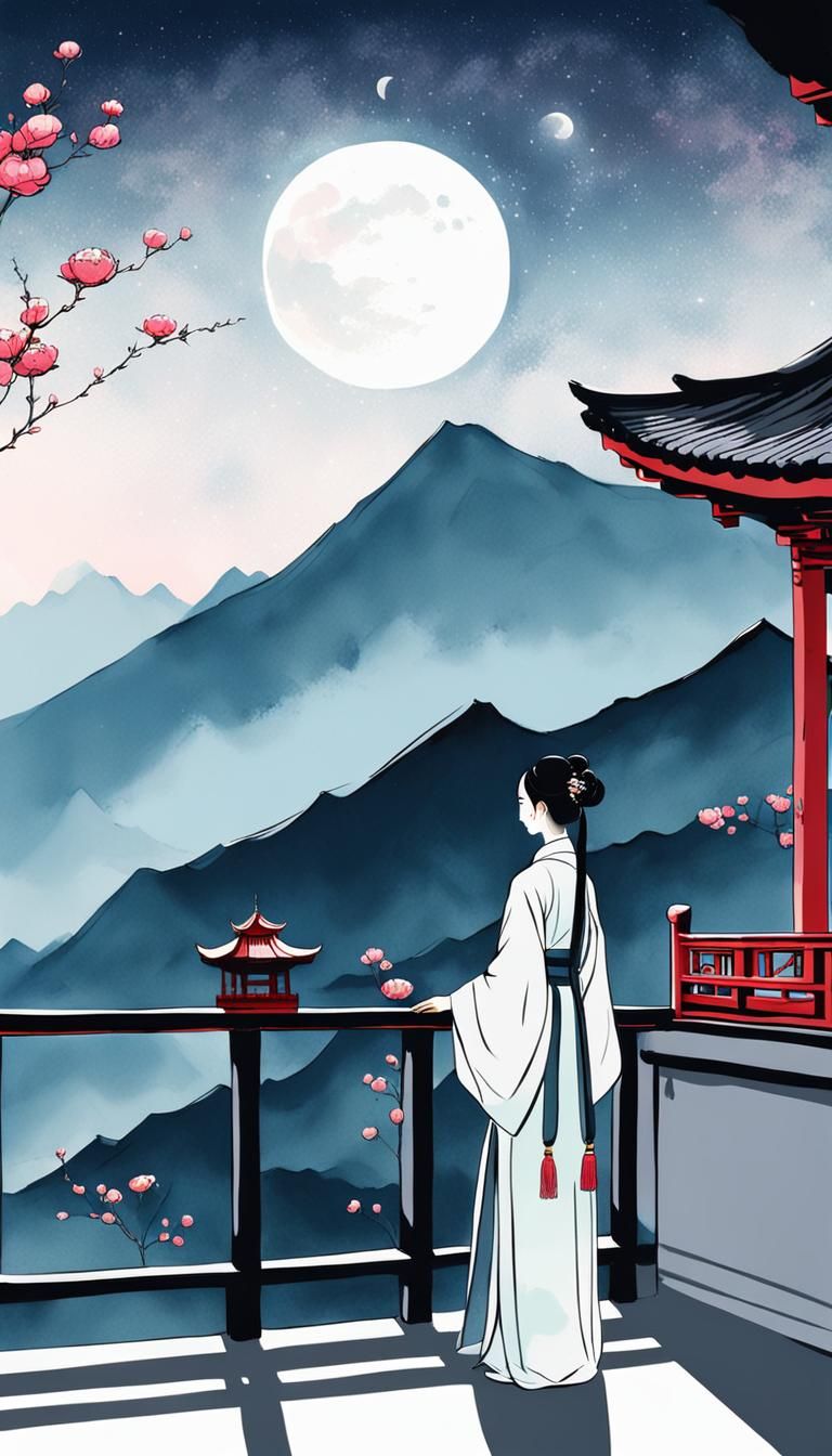 Girl in Hanfu: Minimalist Chinese Ink Painting