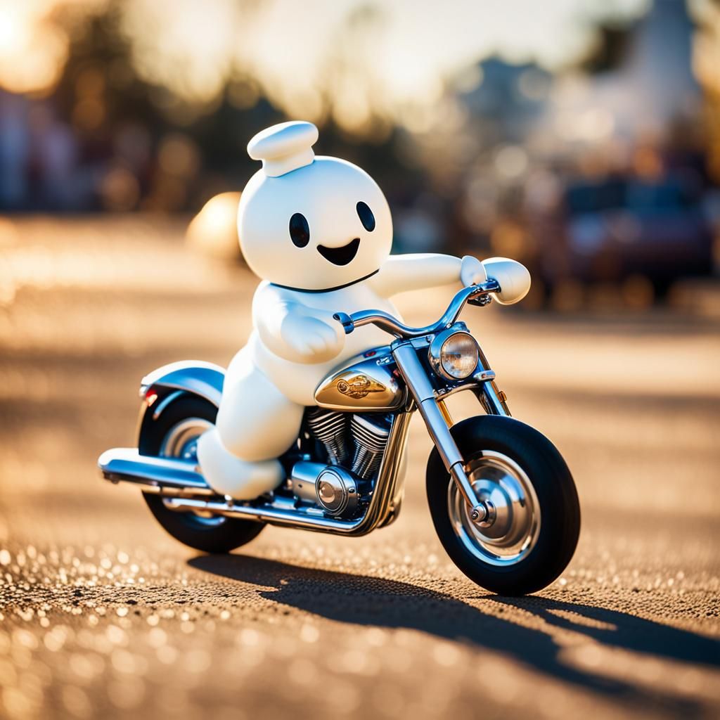 Pillsbury Doughboy Rides Motorcycle in Golden Hour