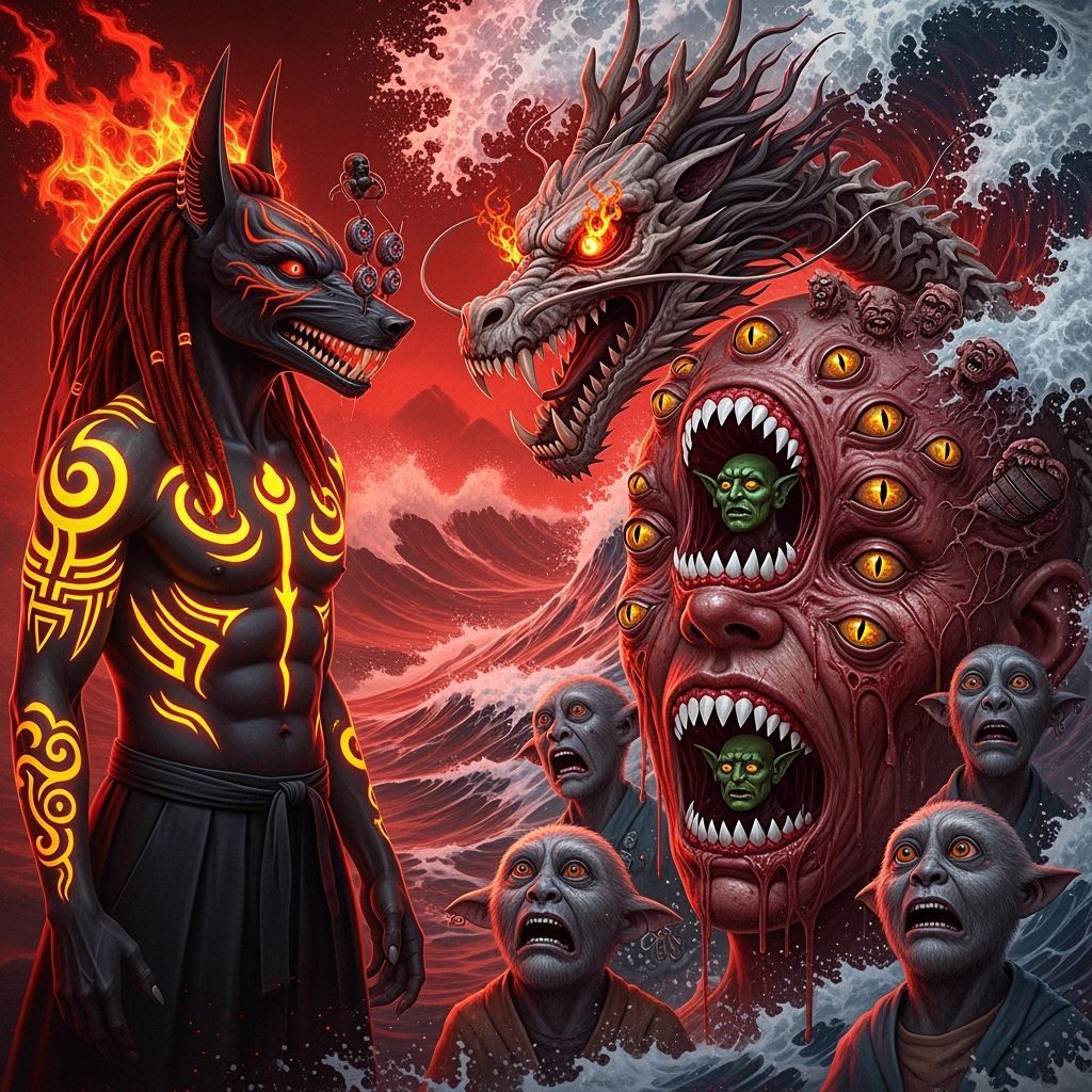 Horrific Face with Shark Teeth and Alien Spectators