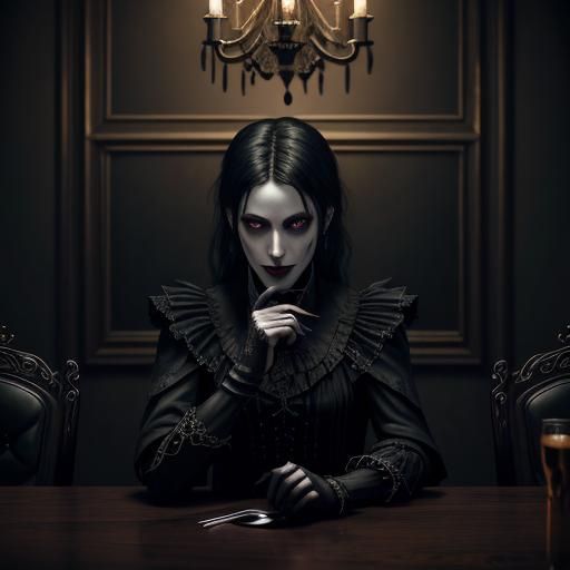 Vampiresque Gothic Dining Room in Detailed Matte Painting St...