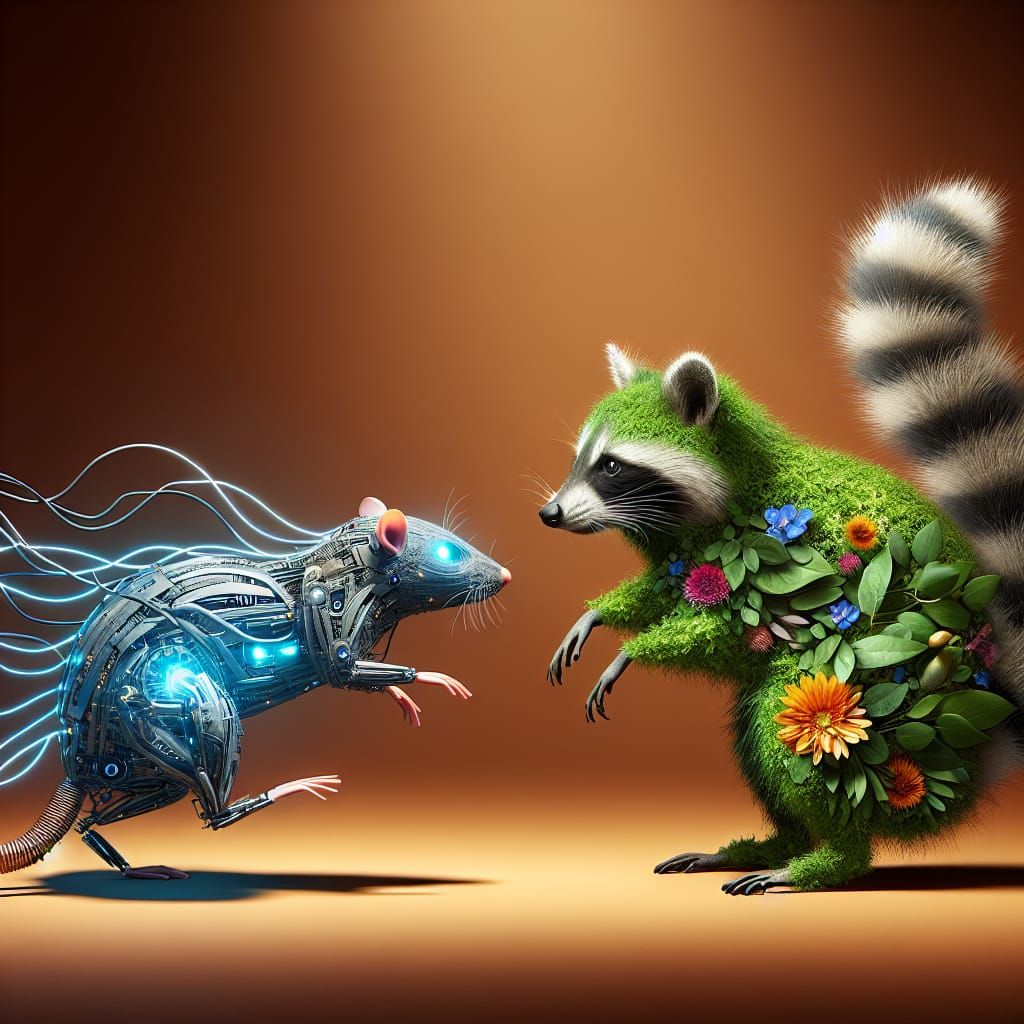 Tech Rat Befriends Nature Raccoon: A Digital-Organic Duo