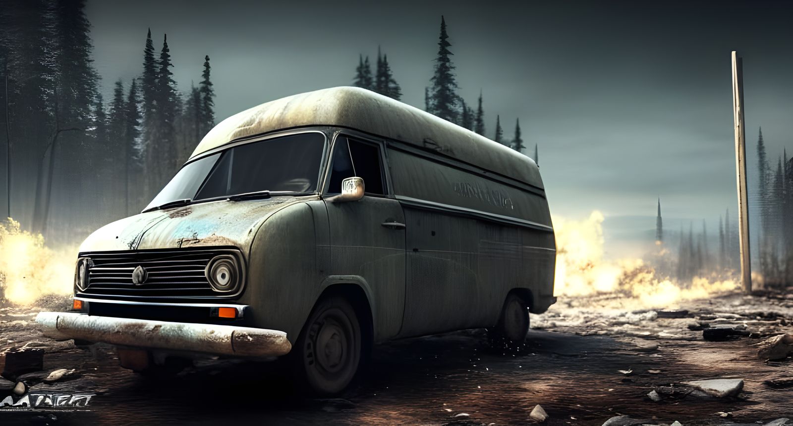 Van Races Through Post-Apocalyptic Landscape