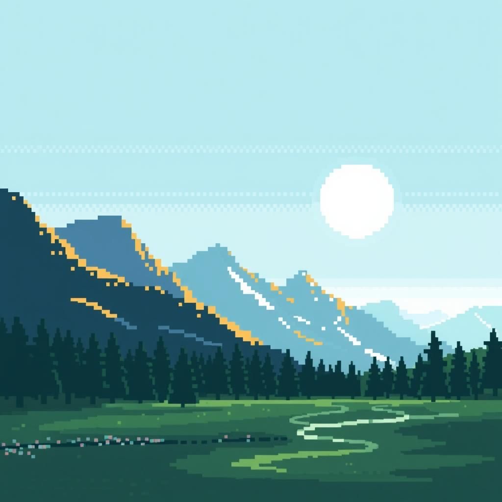 Pixelated Landscape with Mountains and Bright Sky