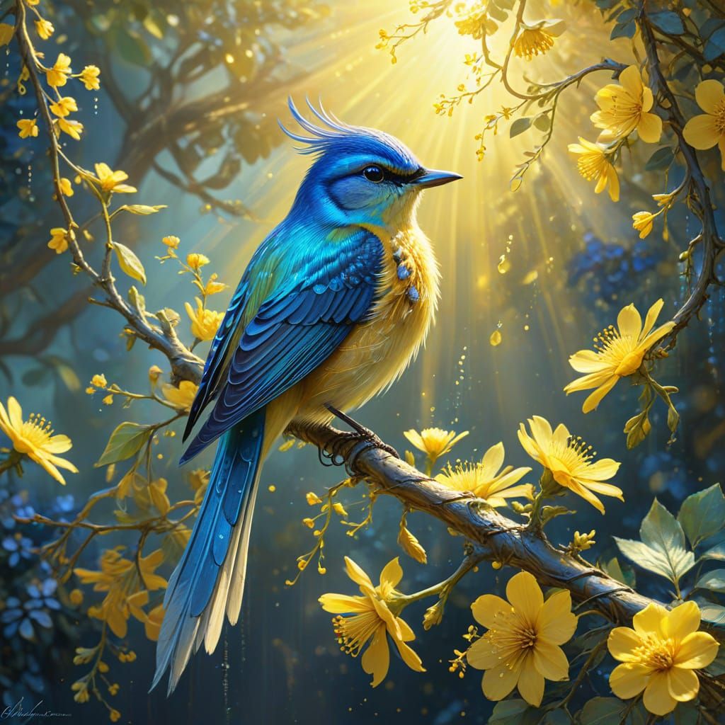 Shimmering Blue Bird on Yellow Branch in Surreal Nature
