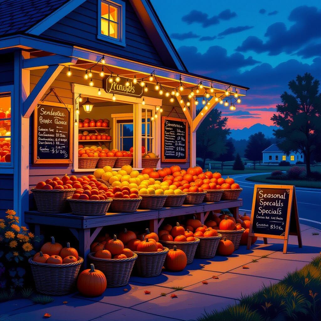 Candyland Farmstand at Dusk: Hyperrealistic Illustration