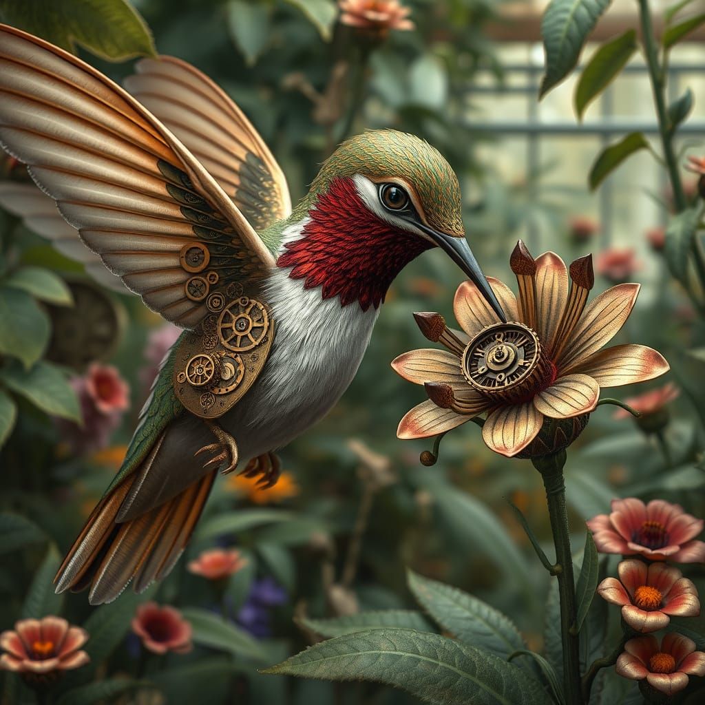 Steampunk Hummingbird Sipping Nectar in Clockwork Greenhouse