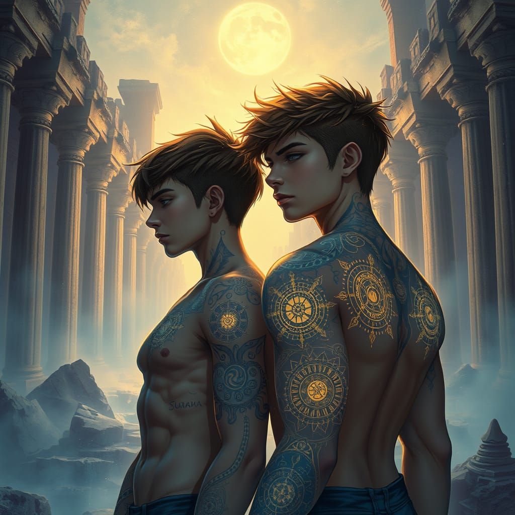Teen Couple in Mystical Ruins with Celestial Tattoos