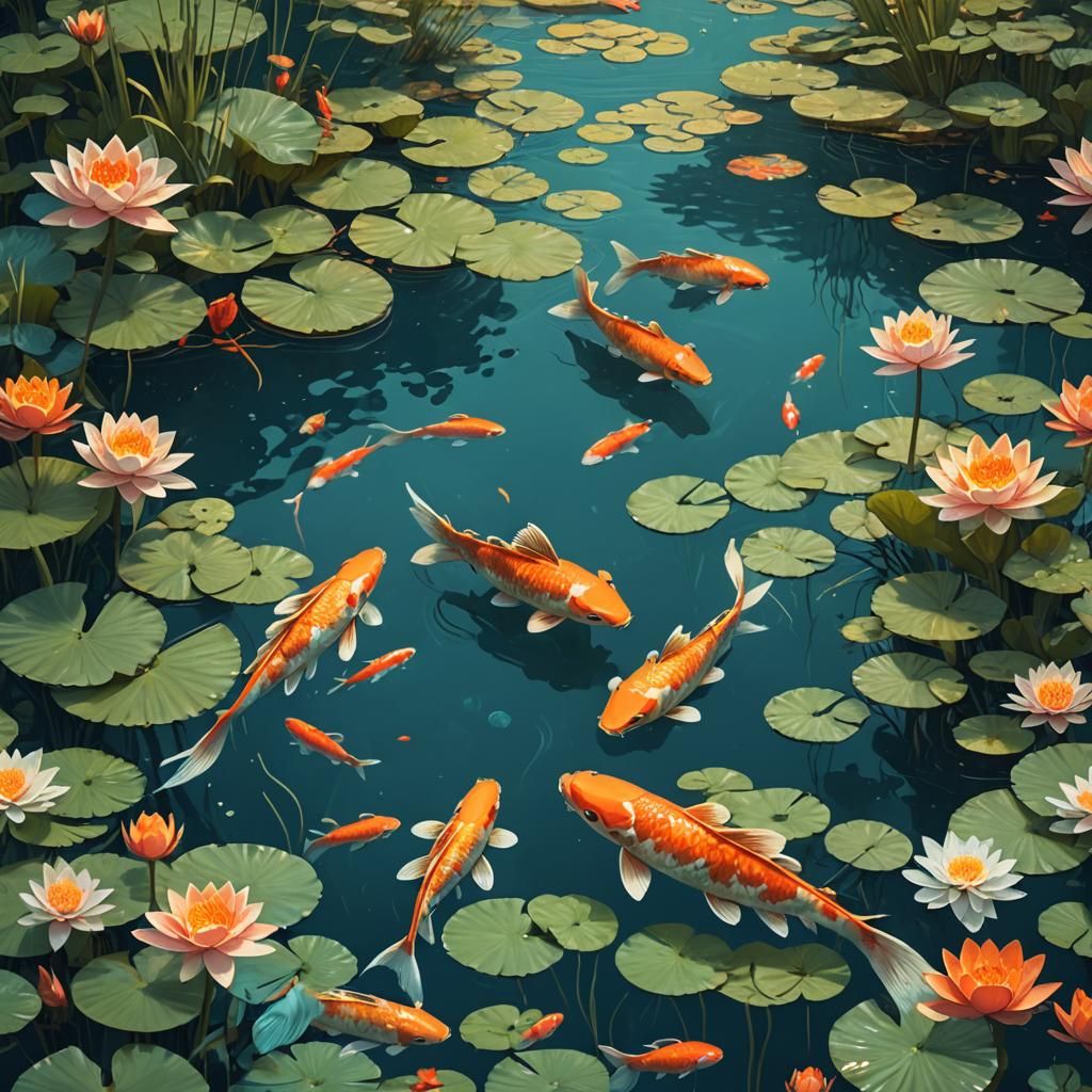 Koi Carp in Serene Pond: Digital Matte Painting