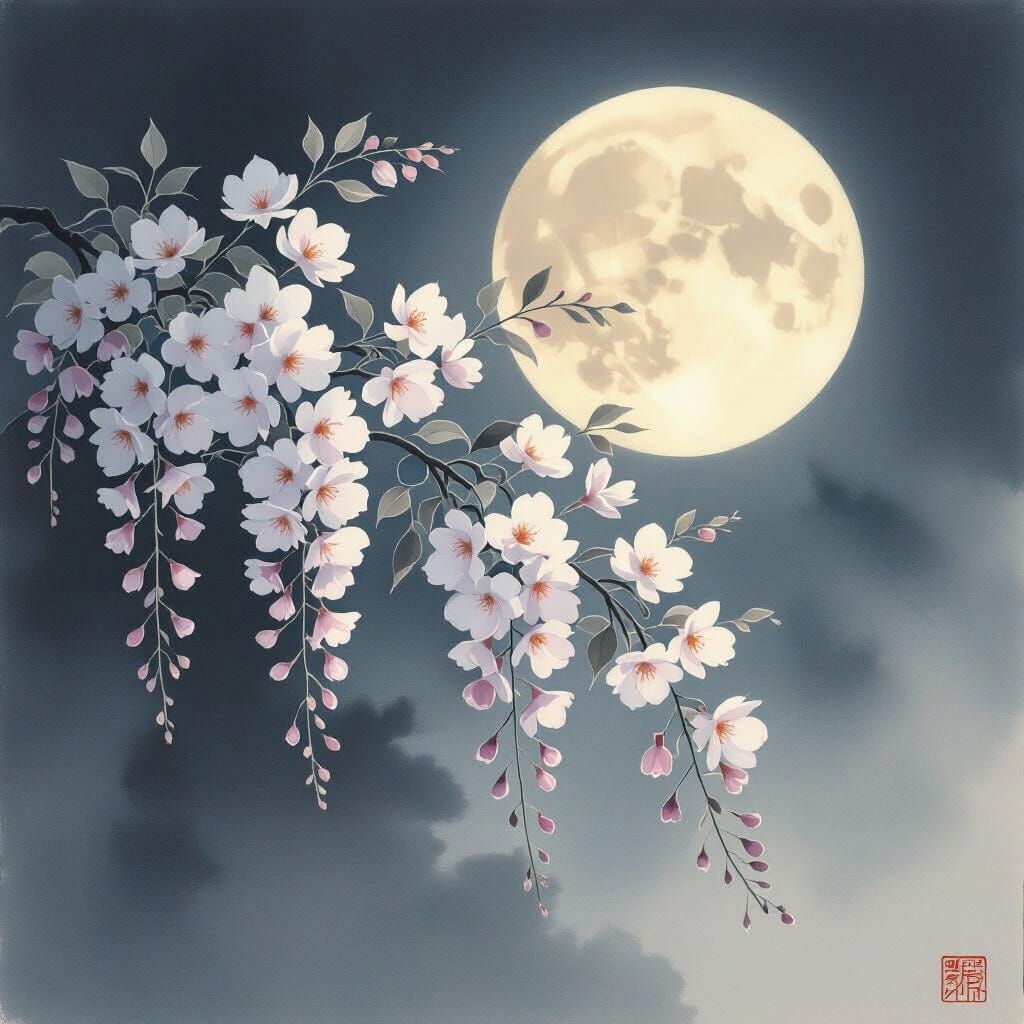 Wisteria in Moonlight: Yamato-e & Ink Wash Style