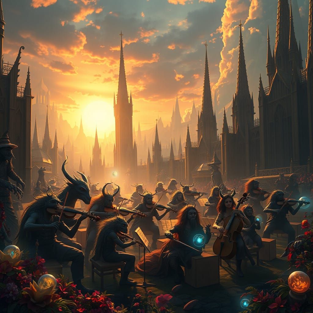 Ethereal Orchestra in Dreamlike Cityscape