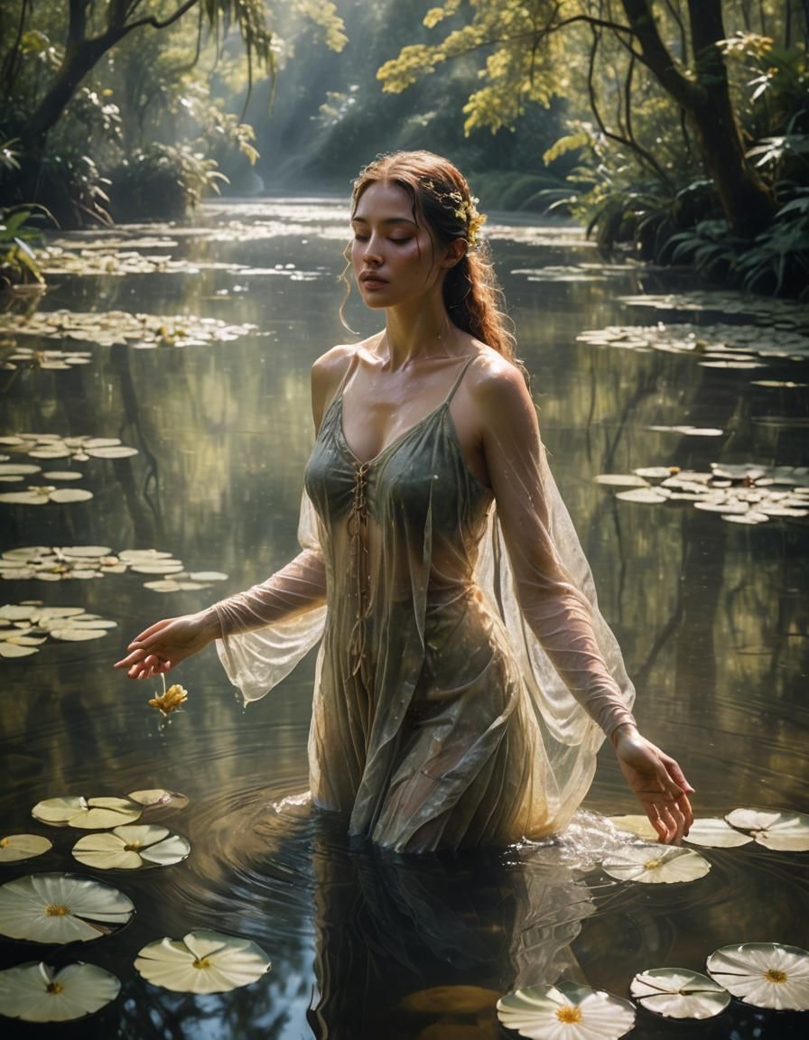 Drenched Woman in Lake: Glistening Skin and Golden Light