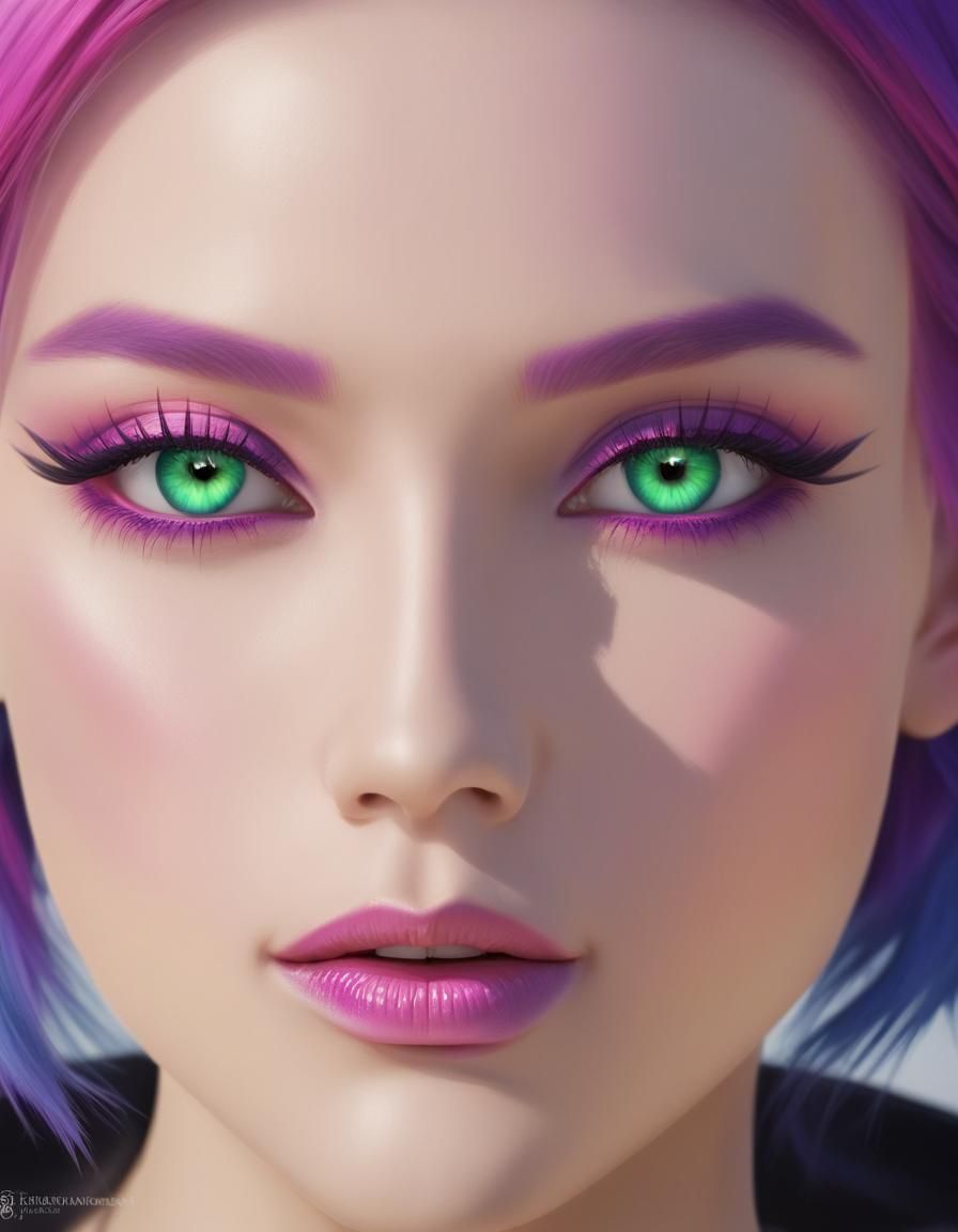 Beautiful young lady with a vibrant magenta hair with neon purple hair highlights and Hot pink hair highlights and Green...