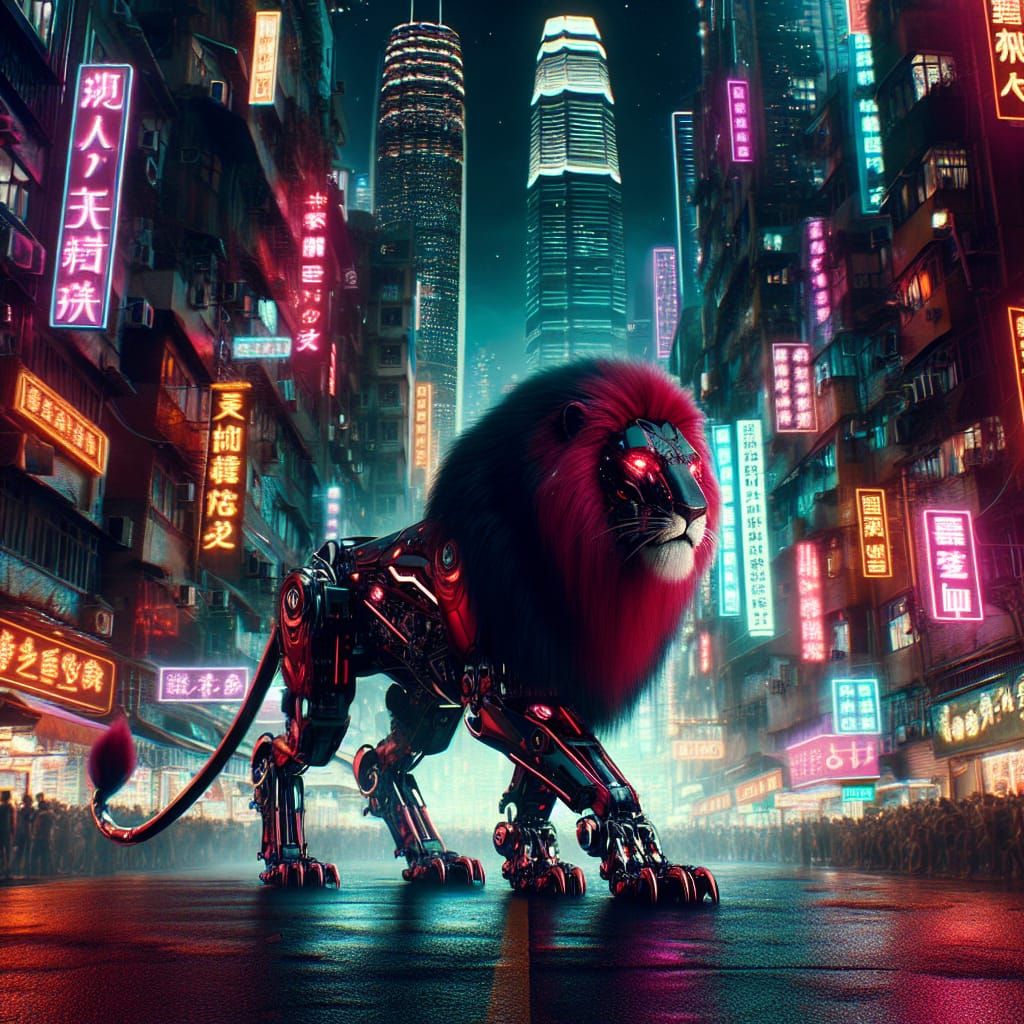 Cyberpunk Robotic Lion in Neon Cityscape