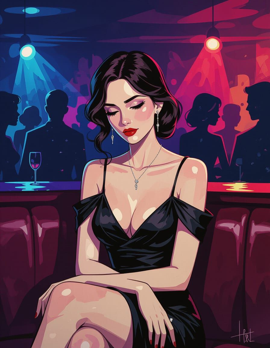 Melancholic Woman in Dance Club, Noir Sketch