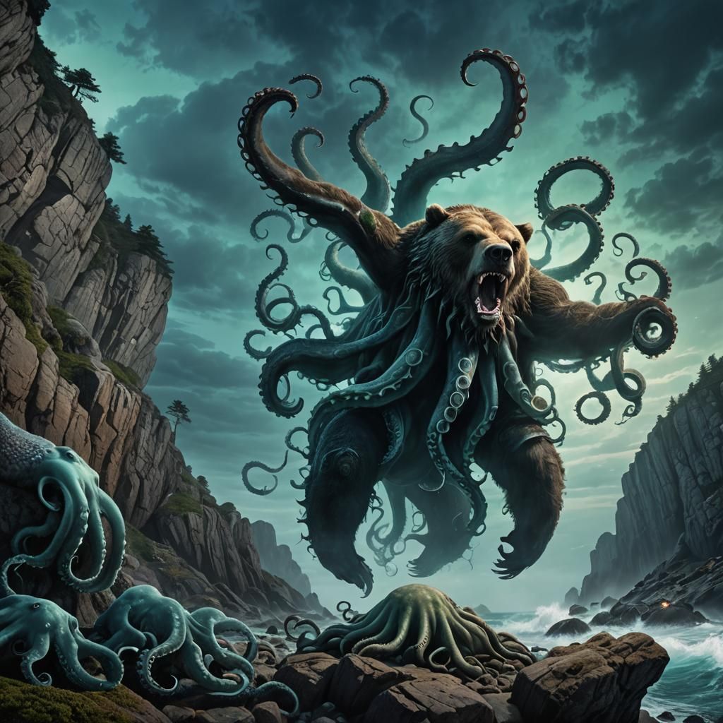 Surreal Bear Octopus Hybrid Cliffside Battle