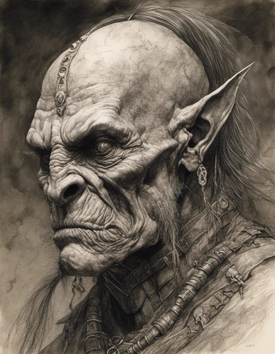 Graphite Orc Warrior Portrait in Rusty Armor