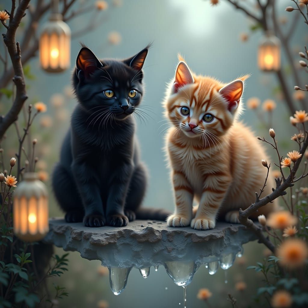 Whimsical Cats in Enchanted Forest Setting