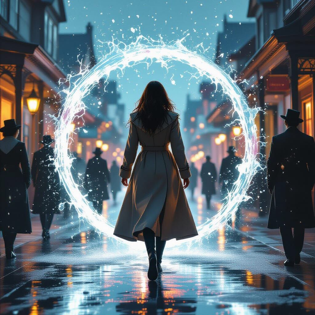 Woman Enters Portal to Past Reality in Splash Art Style