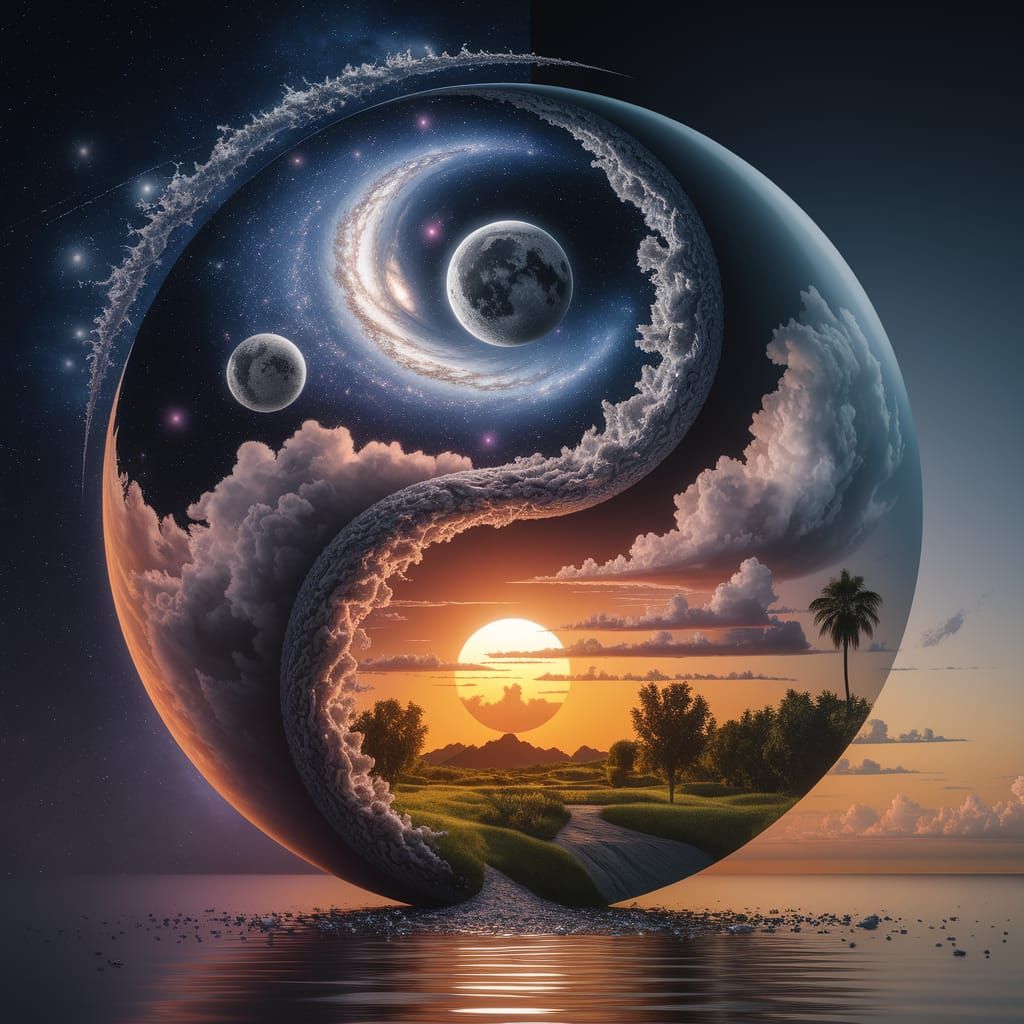 Surreal Yin-Yang: Cosmic Skies Meet Radiant Sunsets
