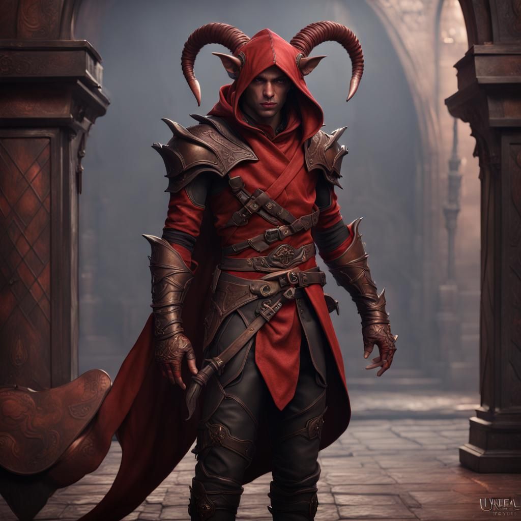Hooded Tiefling Rogue in Detailed Matte Painting